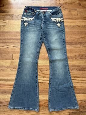 Vintage Parasuco Y2K Low Rise Flare Jeans Size 28 Faux Leather Applique Bootcut